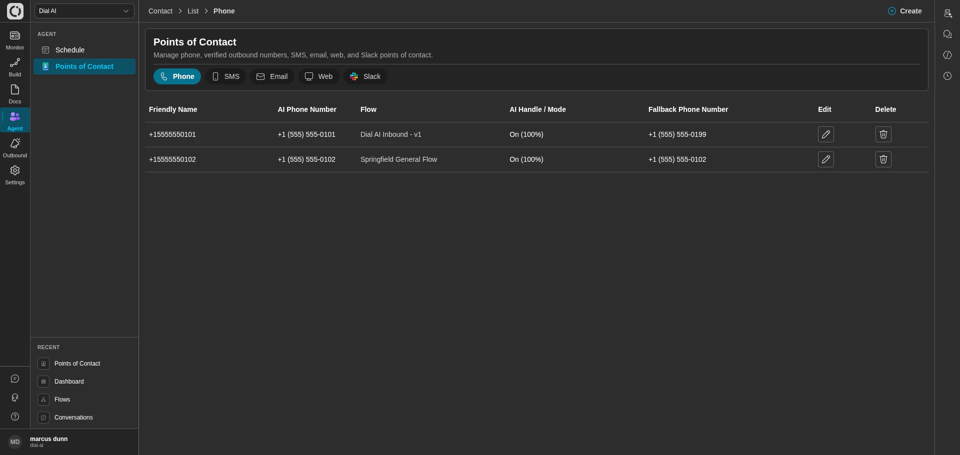 Points of Contact Phone tab in dark mode