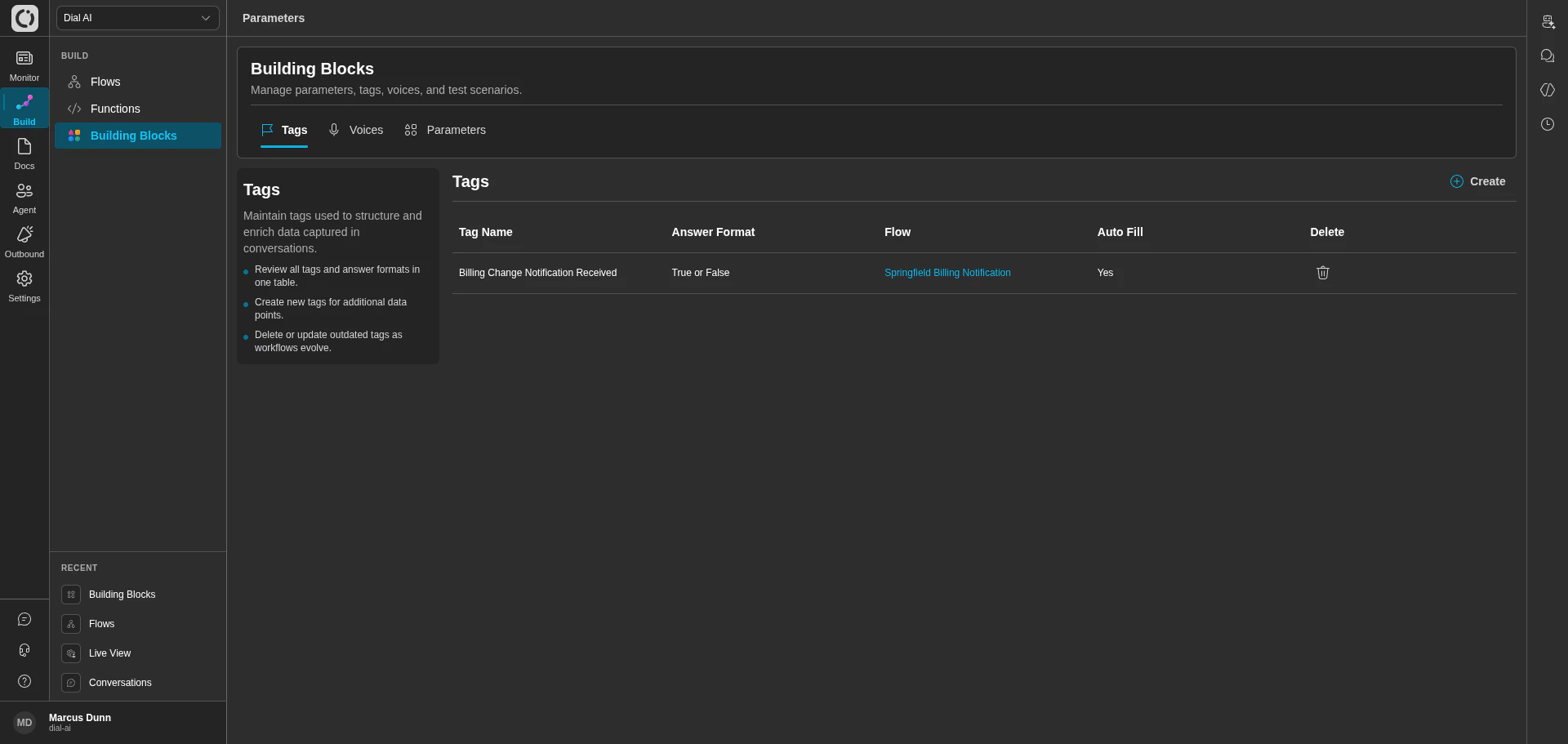 Building Blocks Tags tab in dark mode