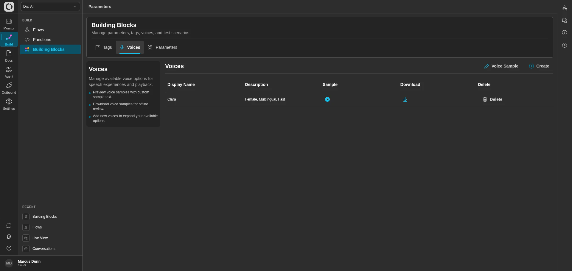 Voices tab in dark mode