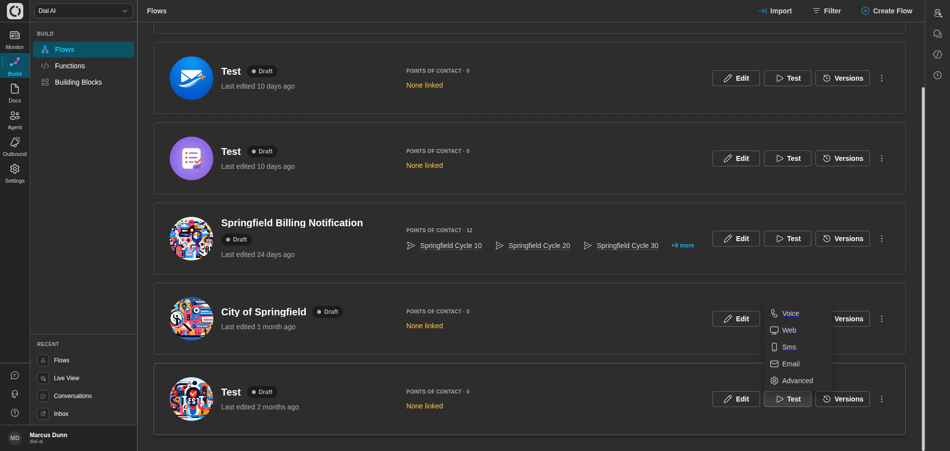 Test menu options
