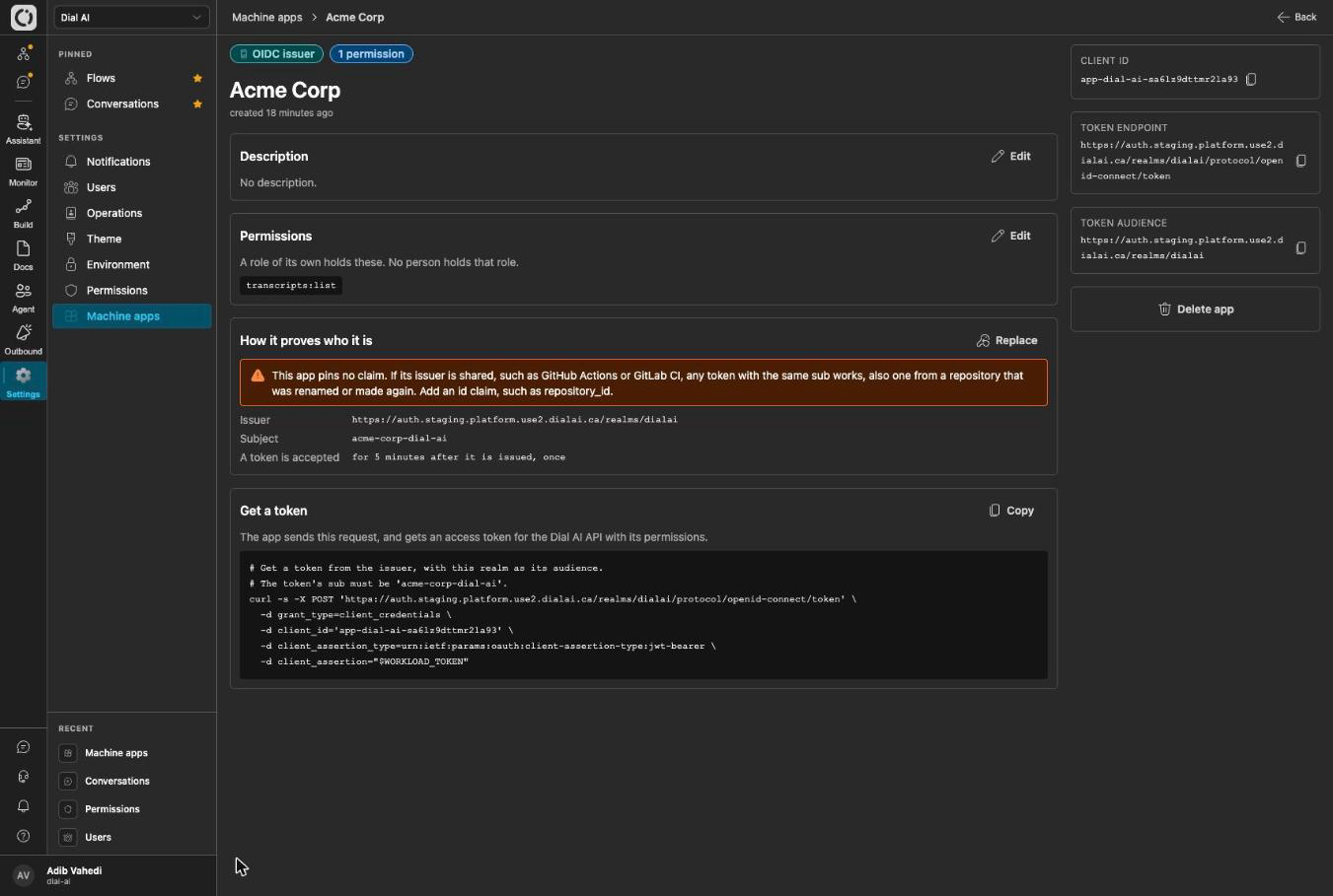Machine app detail in dark mode