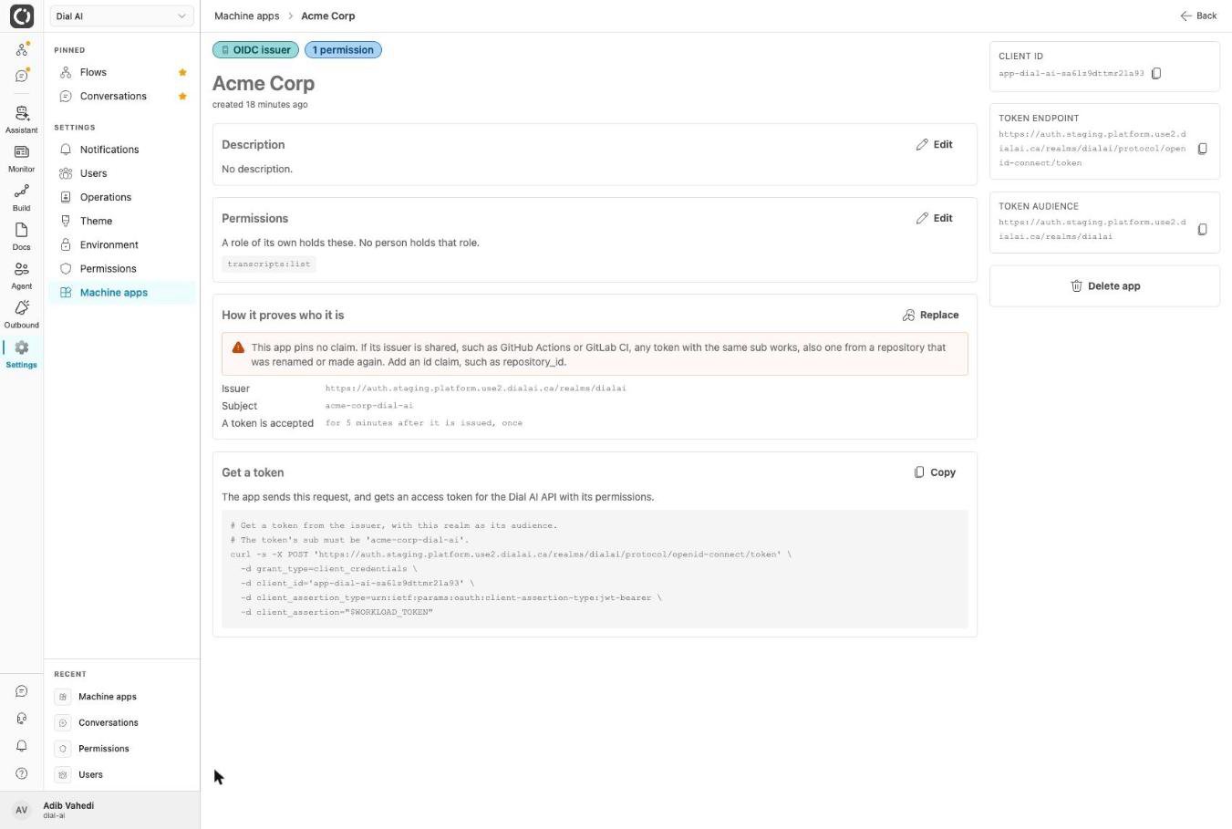 Machine app detail in light mode