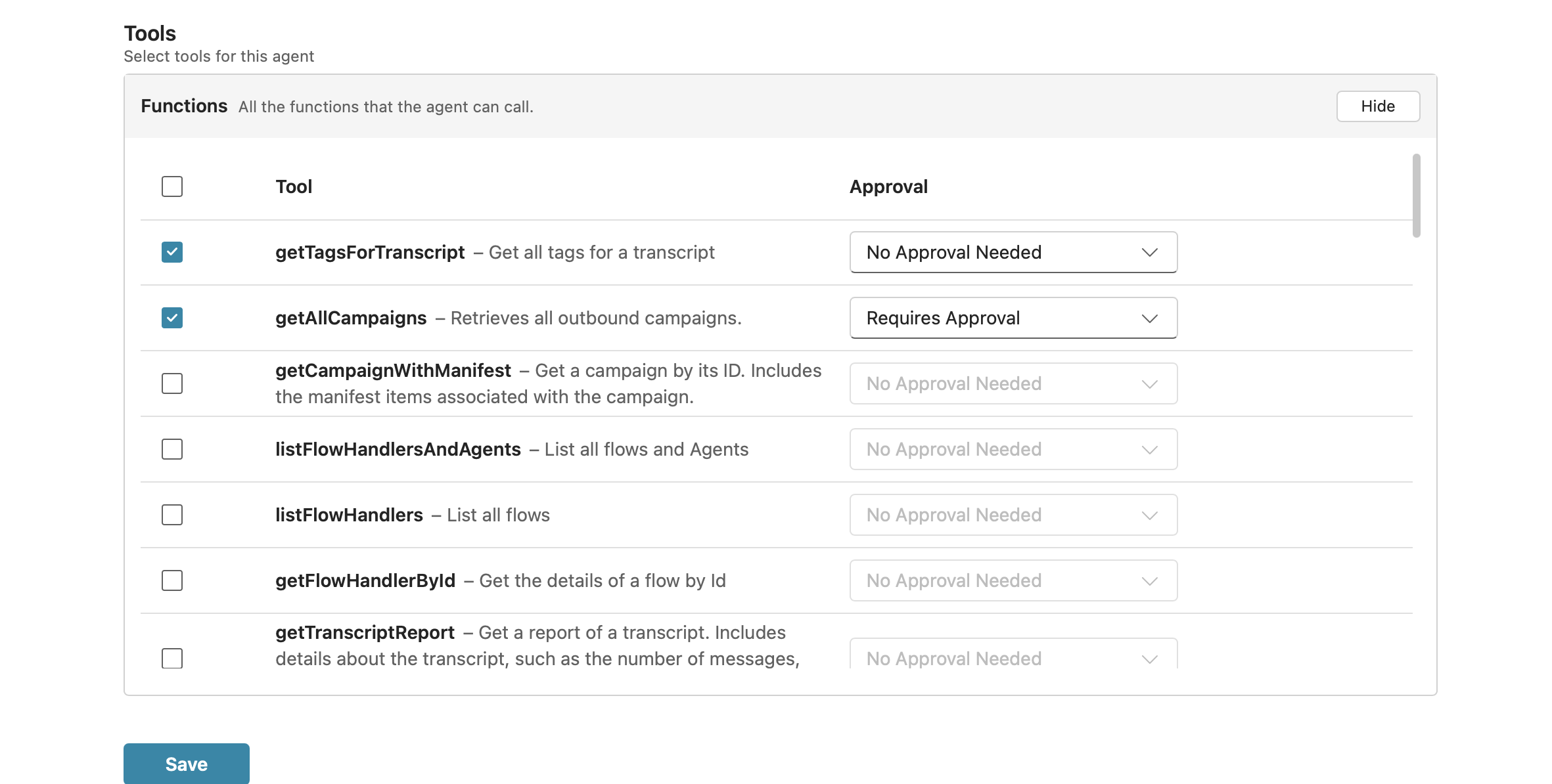 Tool selection and approvals