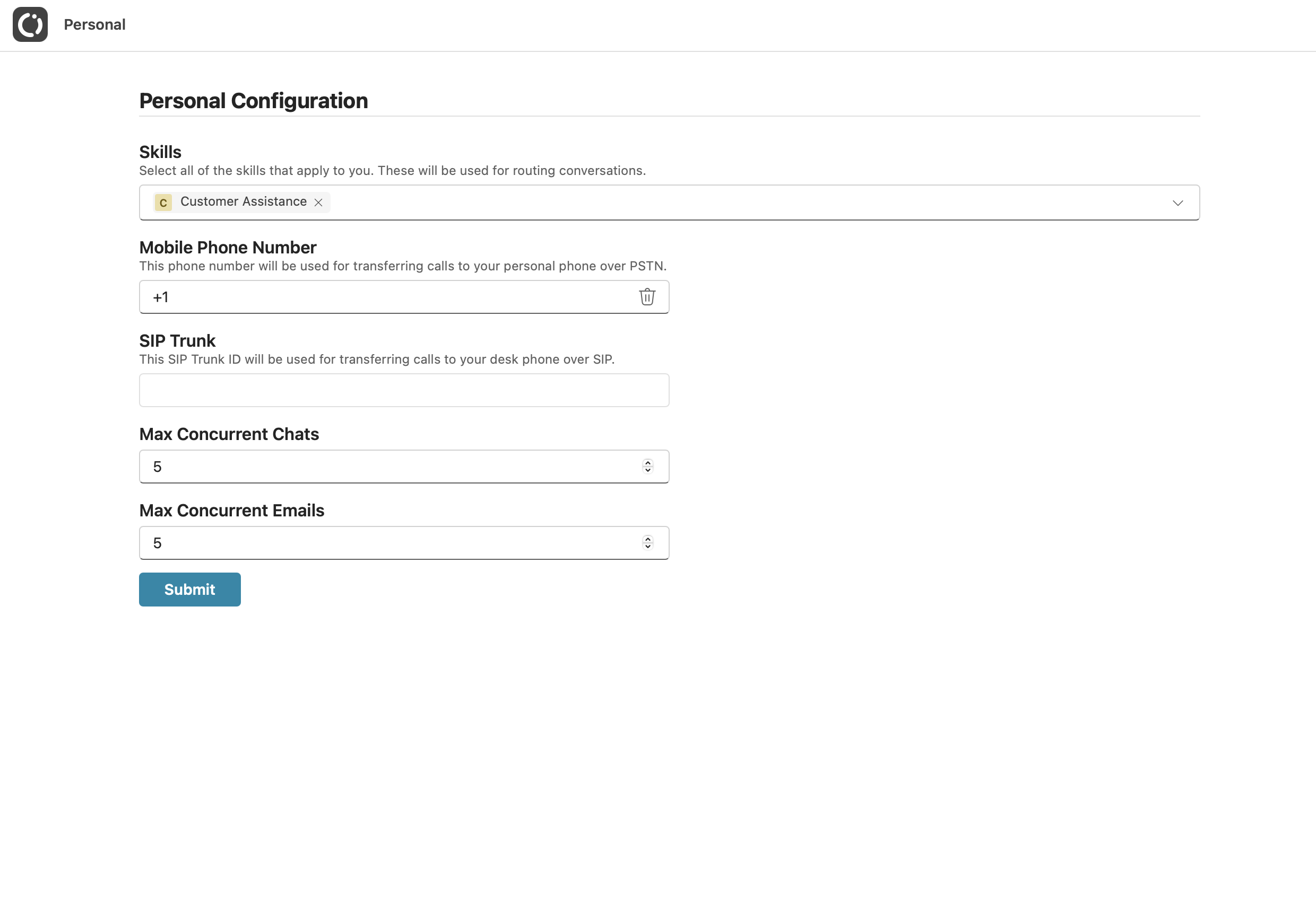 Personal configuration page