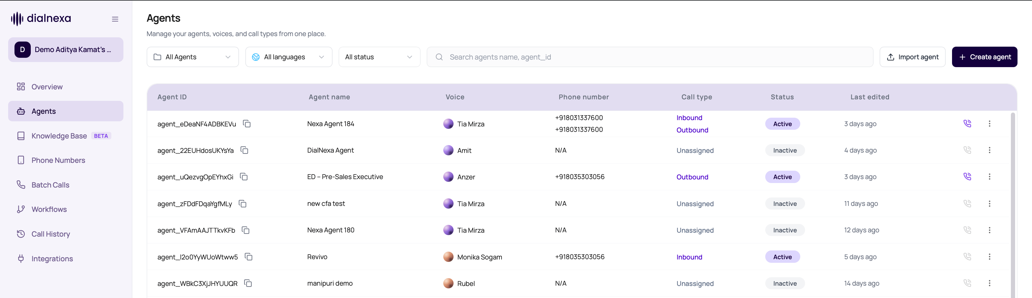 DialNexa Agents list with folder filter, language filter, search, Import agent button, Create agent button, and agent rows.