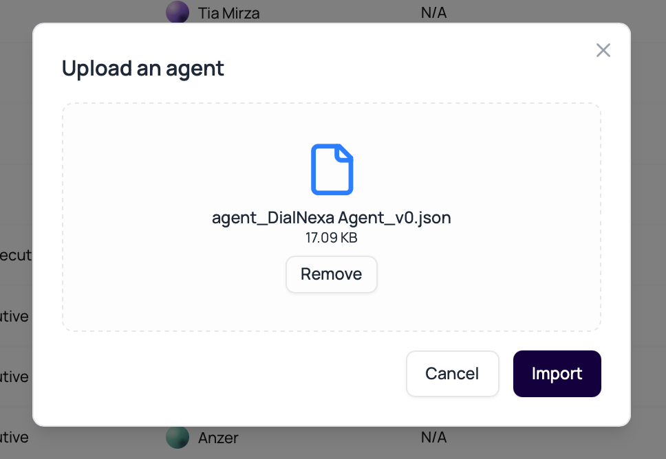 DialNexa Upload an agent modal with a selected JSON export file, Remove button, Cancel button, and Import button.