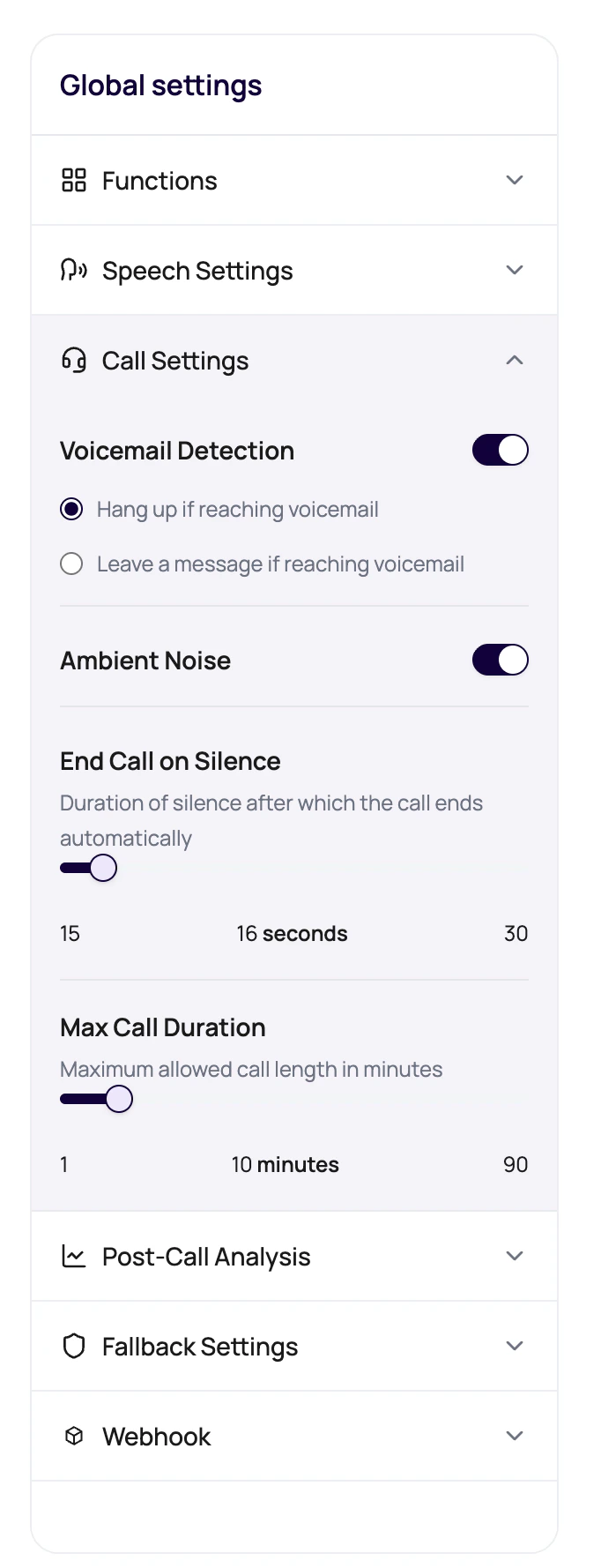 DialNexa Call Settings panel showing Voicemail Detection options, ambient noise, silence timeout, and maximum call duration.