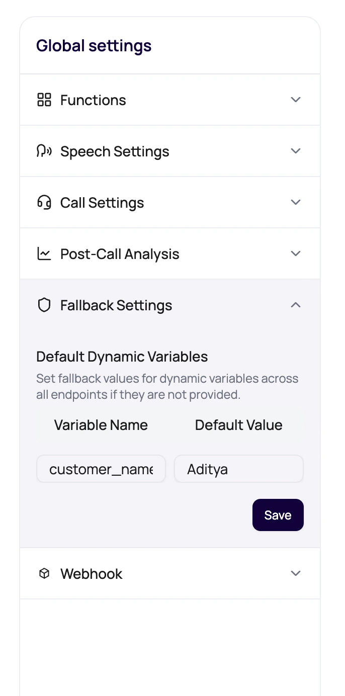 DialNexa Fallback Settings panel showing a default dynamic variable name, default value, and save control.