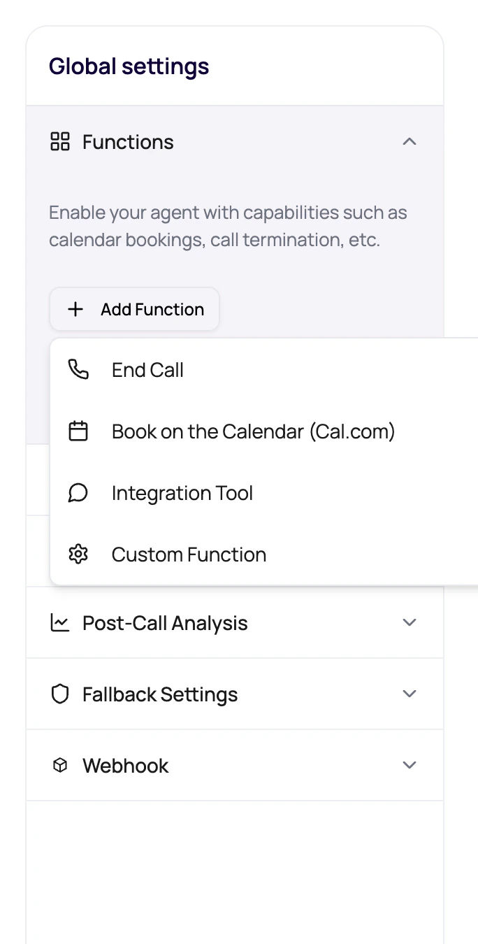 DialNexa agent Functions panel showing the Add Function menu with End Call, calendar booking, Integration Tool, and Custom Function options.