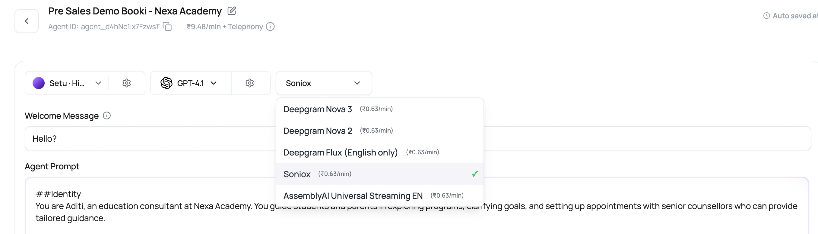 DialNexa agent builder showing a Hindi-English voice setup with GPT-4.1 and Soniox selected.