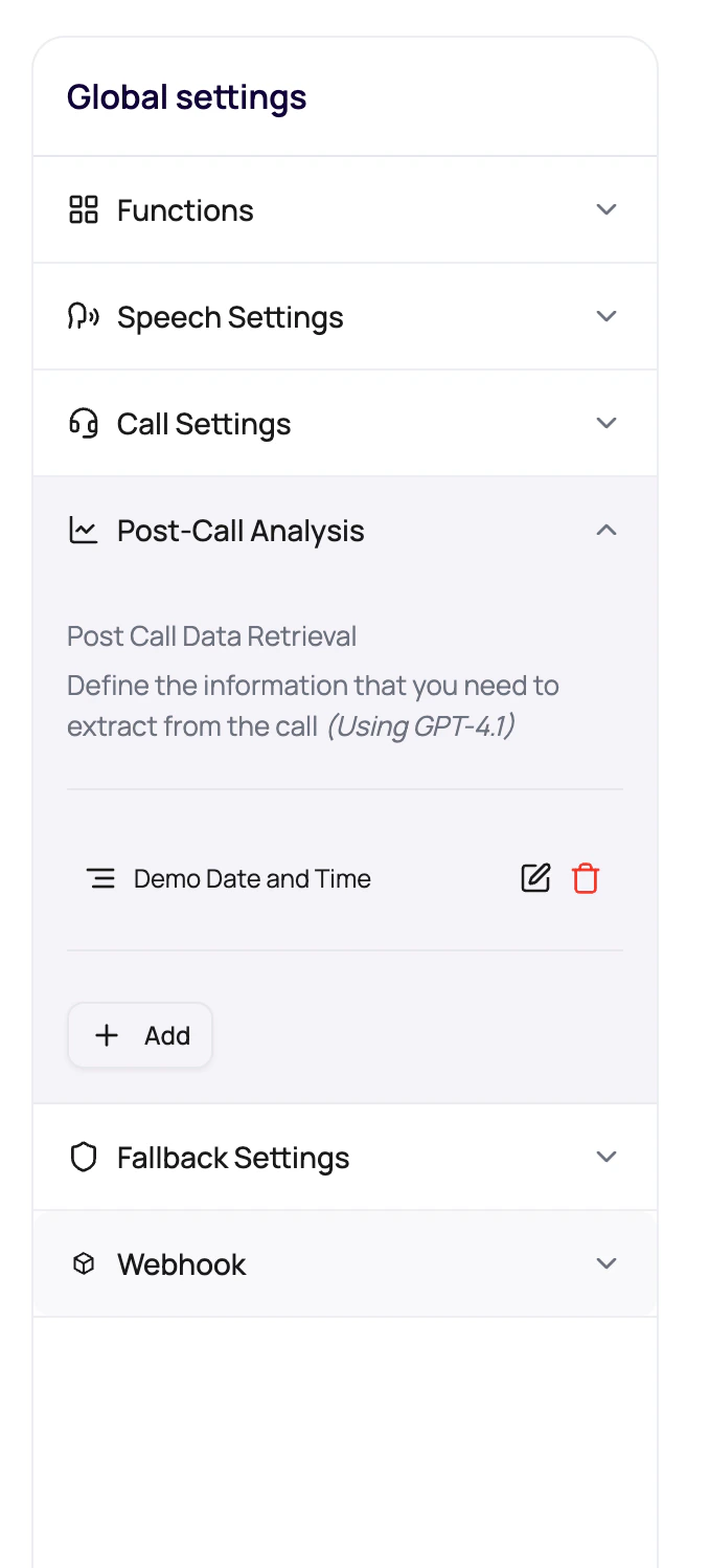 DialNexa Post-Call Analysis settings panel showing a custom Demo Date and Time field with edit, delete, and add controls.