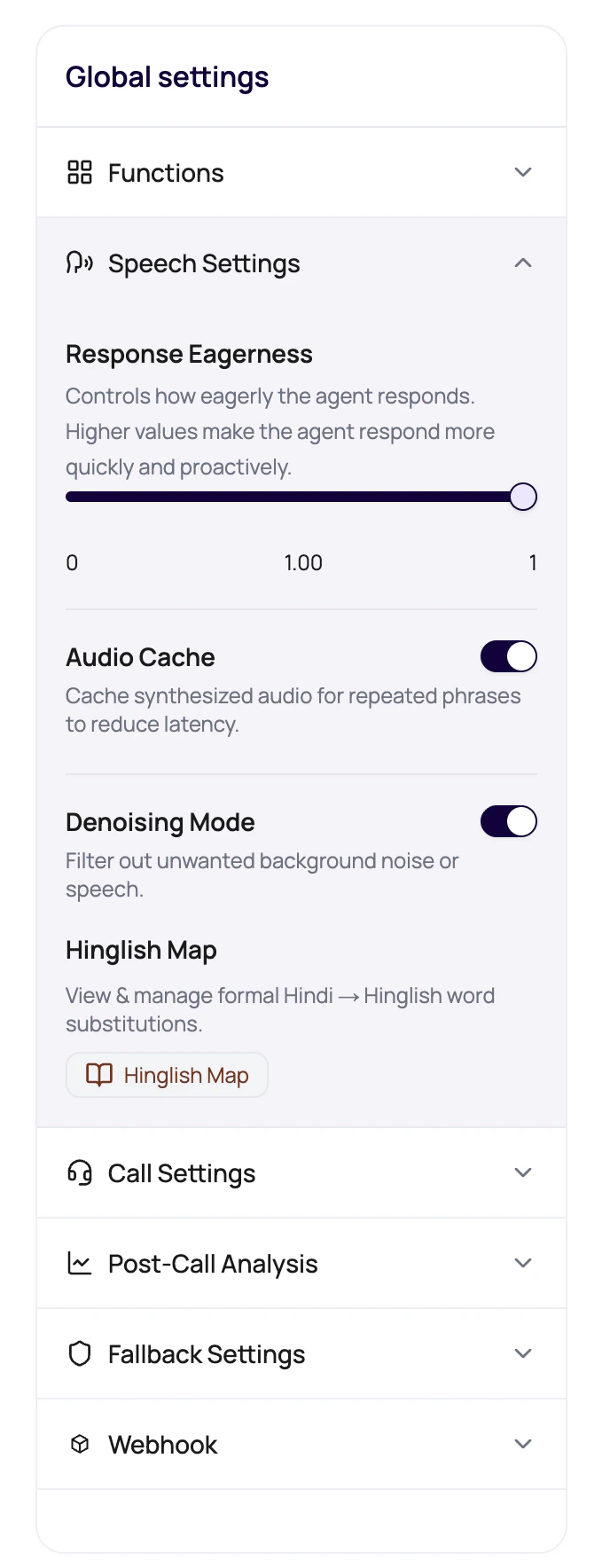 DialNexa Speech Settings panel showing the Hinglish Map button below Denoising Mode.