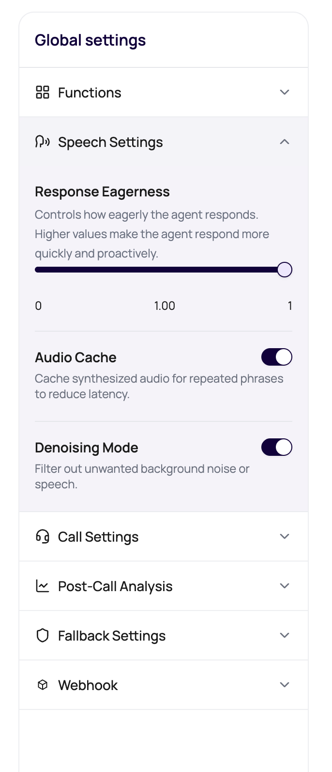 DialNexa Speech Settings showing Denoising Mode for reducing unwanted background noise.