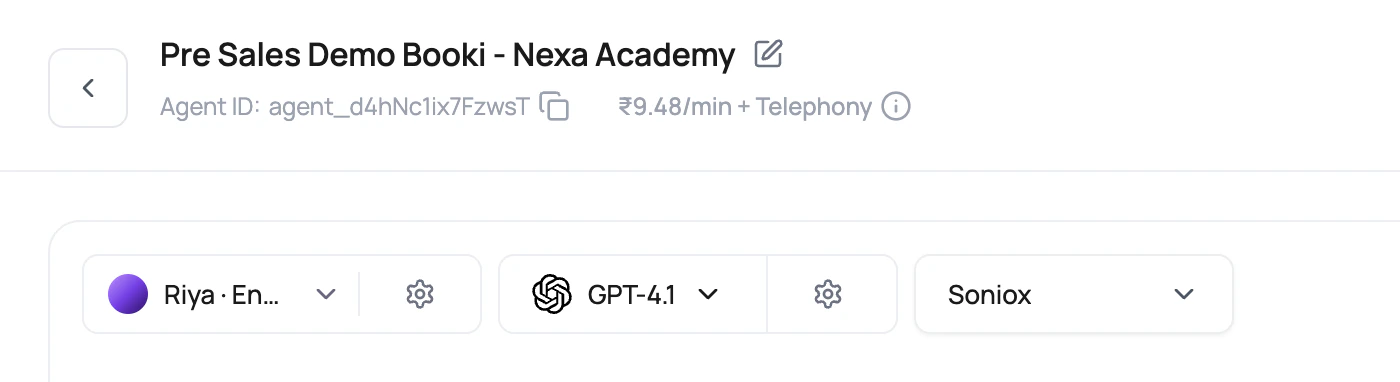 DialNexa agent builder controls for voice, model, transcriber, language, and pricing preview.