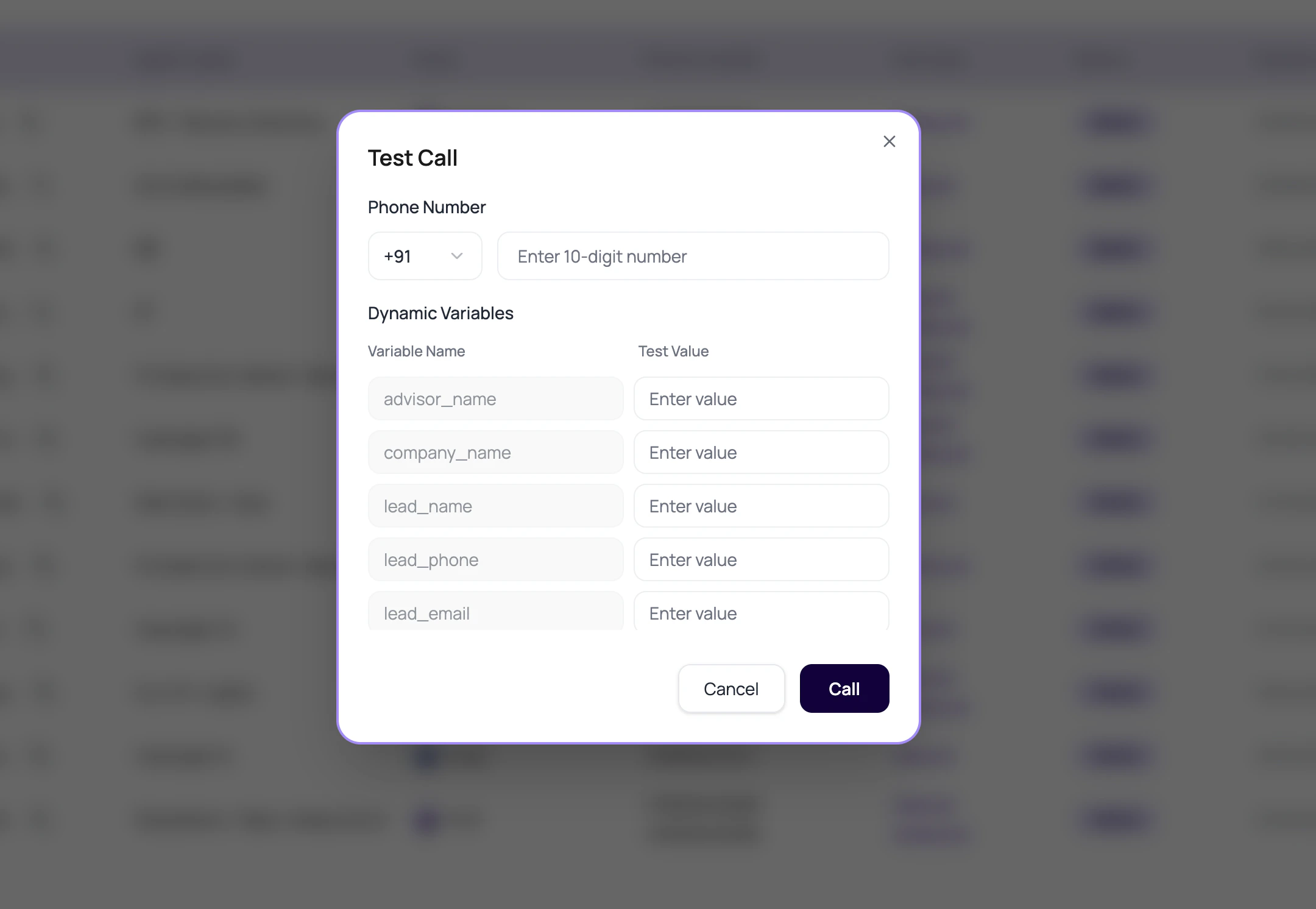 DialNexa Test Call modal showing country code, recipient number, dynamic variables, and call controls.