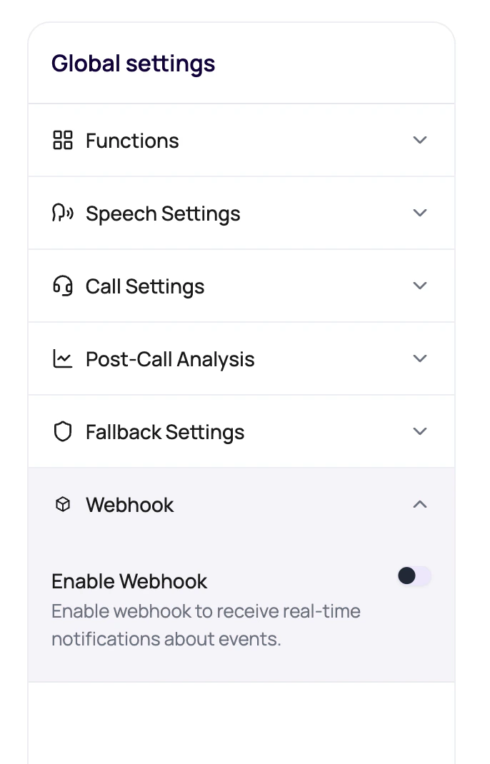 DialNexa agent settings Webhook panel showing the Enable Webhook toggle for a saved agent.