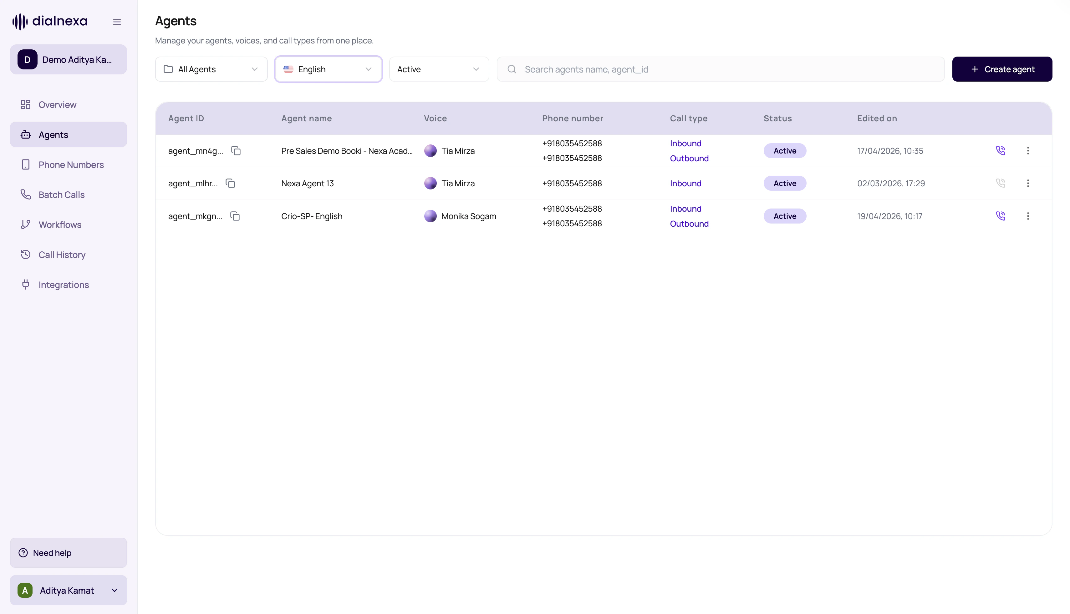 DialNexa Agents list showing language filter, status filter, search, create agent, phone number, call type, status, and row actions.