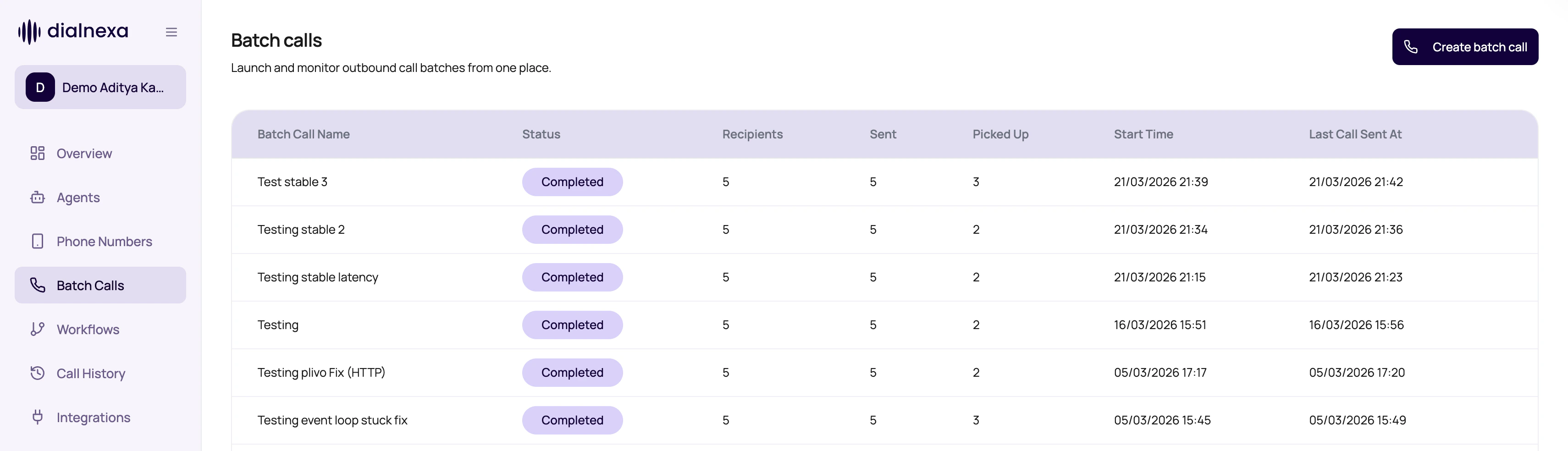 DialNexa Batch Calls list showing campaign names, status, recipients, sent count, picked up count, start time, last call sent time, and create action.