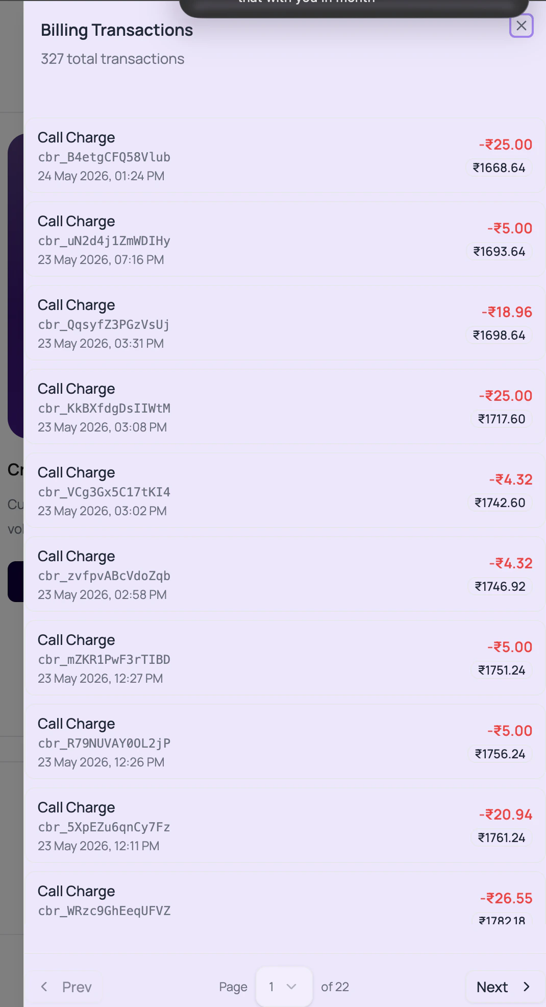 DialNexa Billing Transactions drawer showing call charges, transaction IDs, timestamps, balances, and pagination.