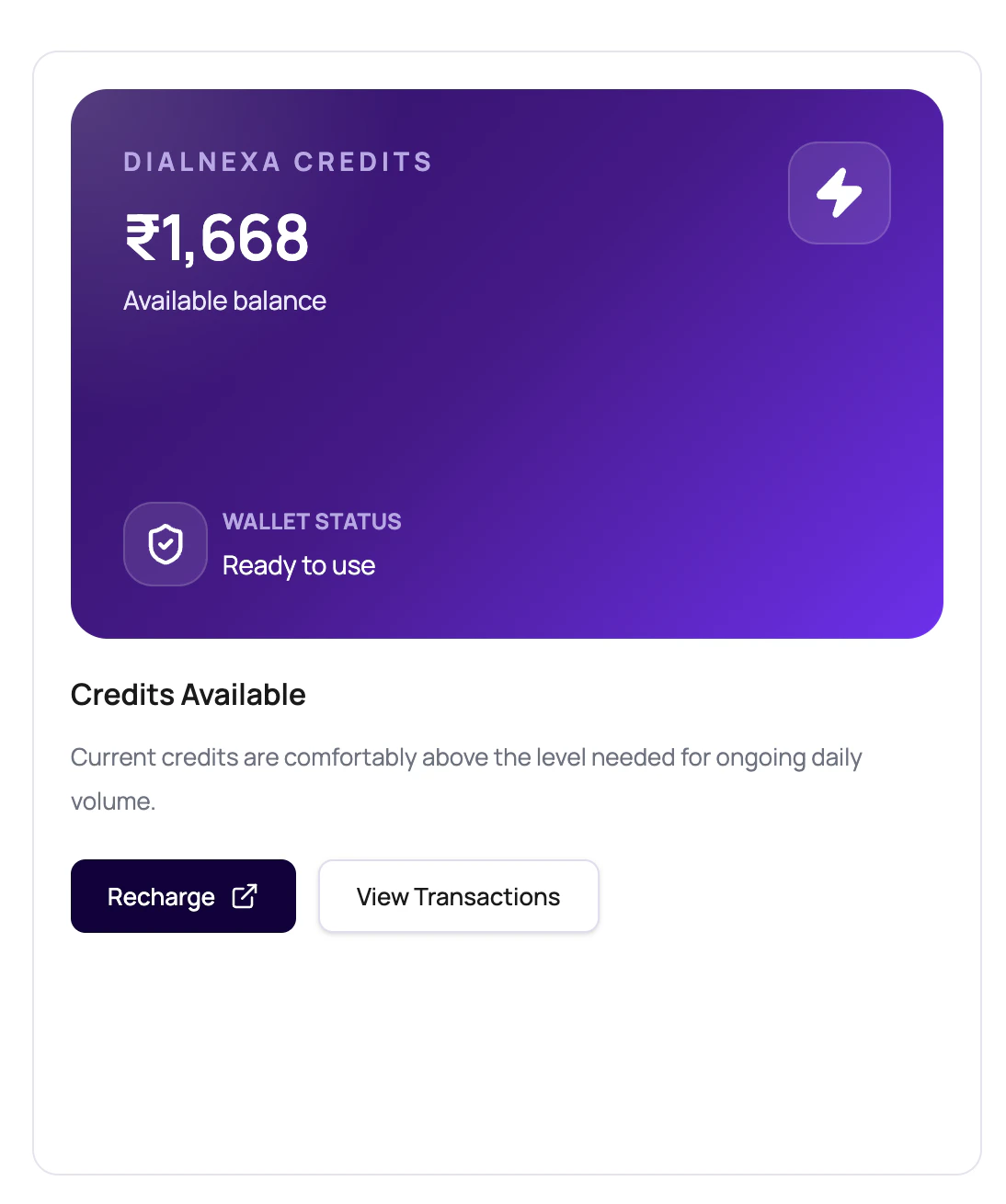 DialNexa wallet card showing credits, wallet status, recharge, and transaction access.