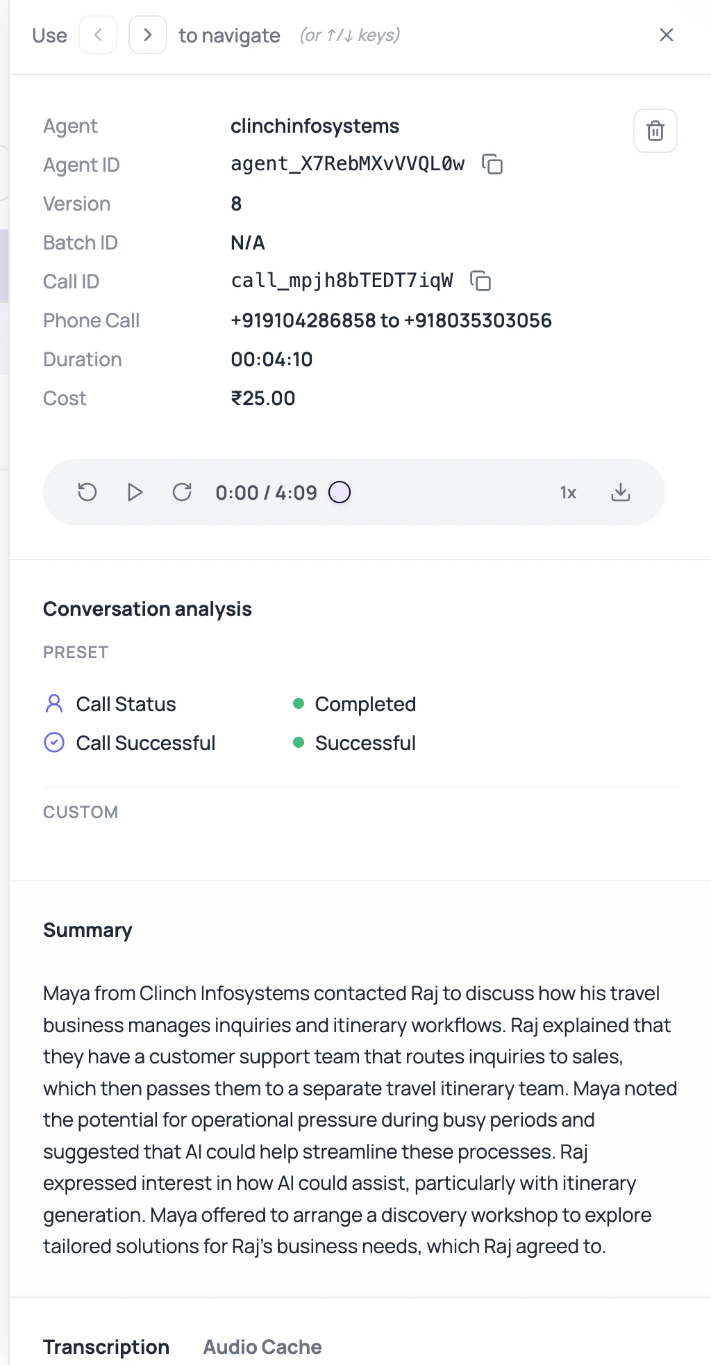 DialNexa call detail page showing agent metadata, call ID, phone call route, duration, cost, recording controls, conversation analysis, summary, and transcription tabs.