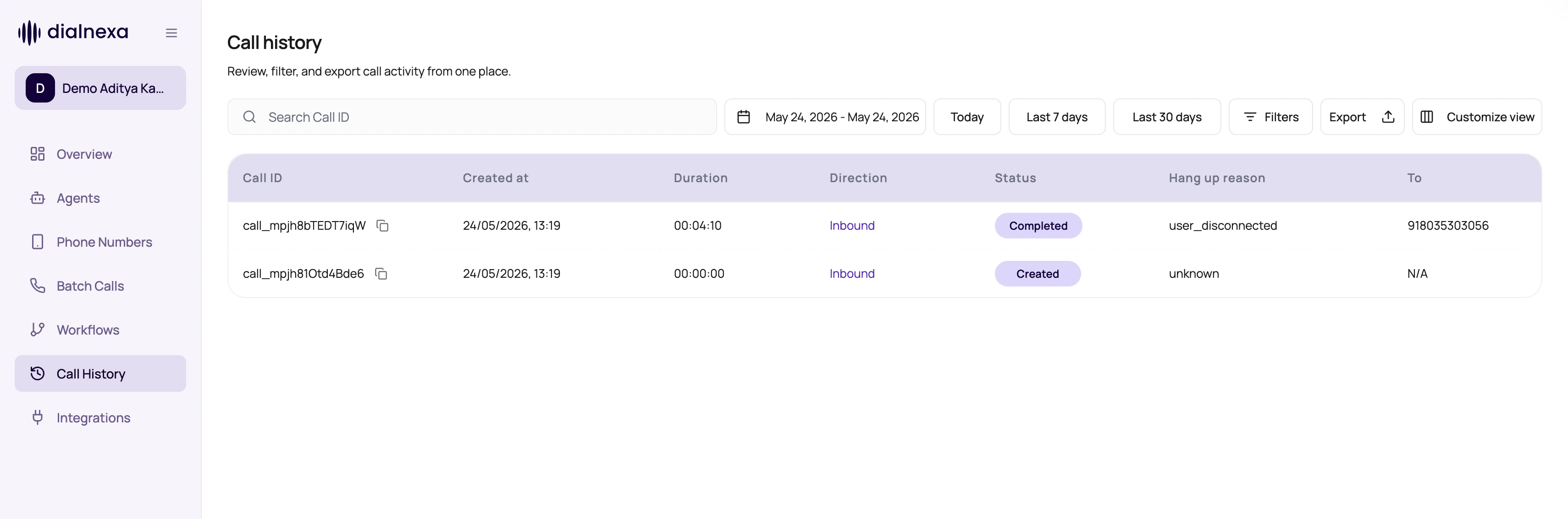 DialNexa Call History page showing call search, date range controls, filters, export, custom view, and recent call rows.