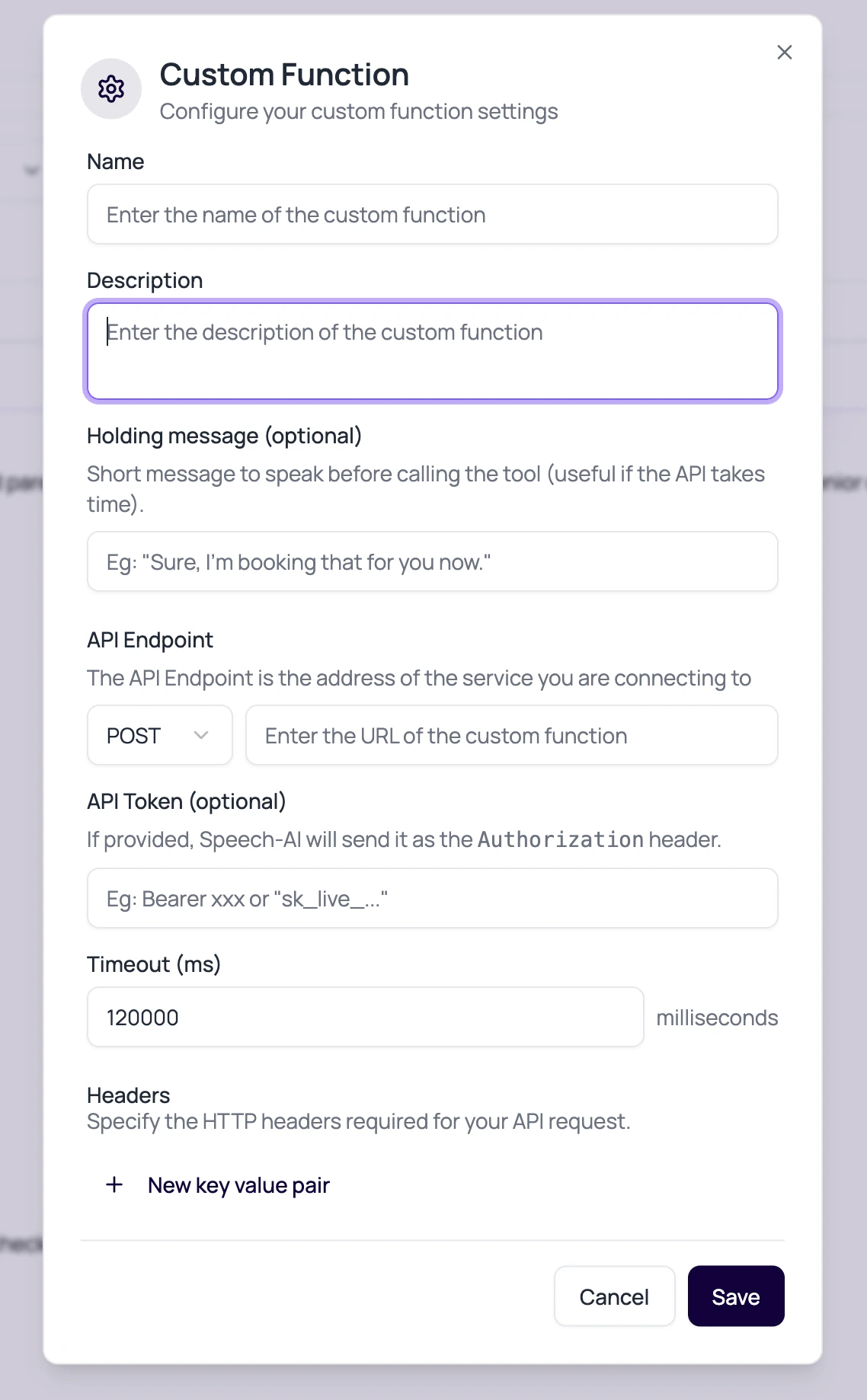 DialNexa Custom Function modal showing name, description, holding message, API endpoint, API token, timeout, headers, and save controls.