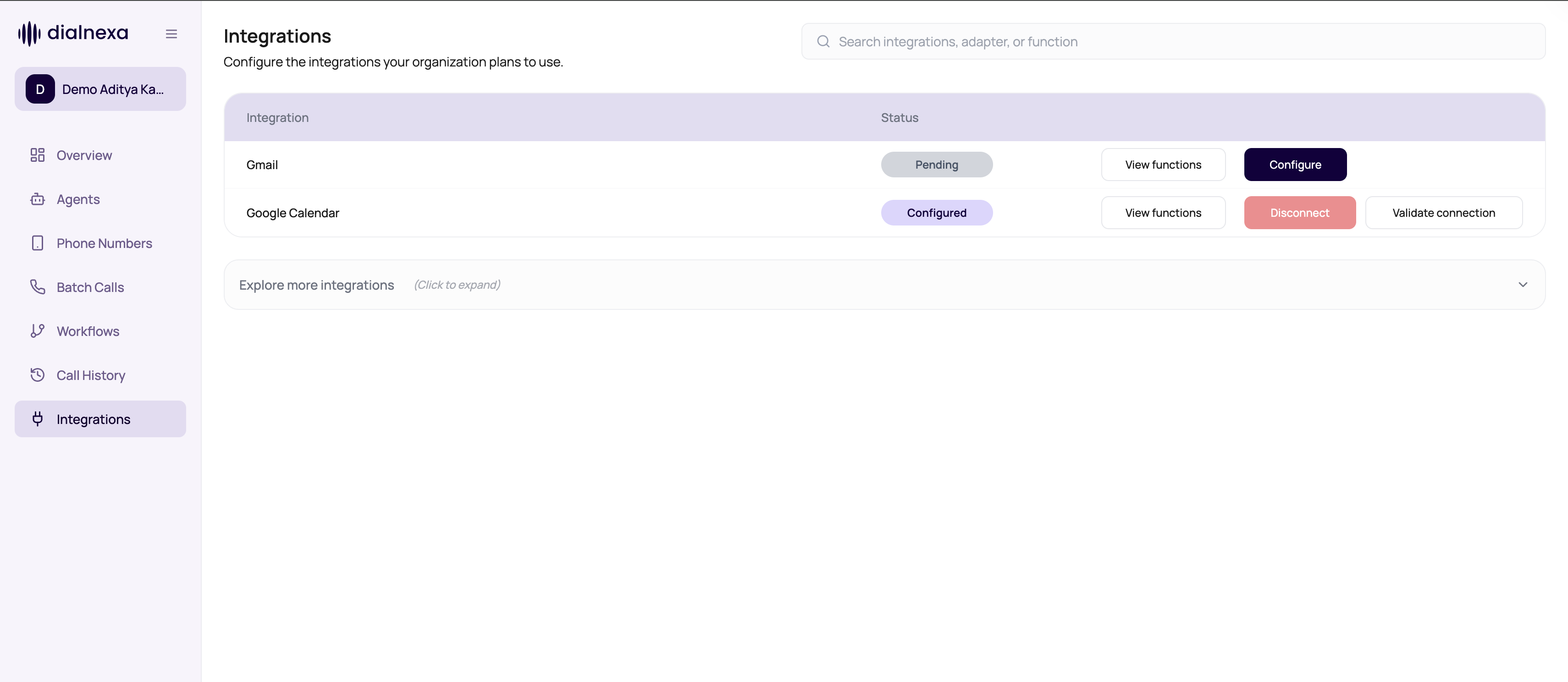 DialNexa Integrations page showing Gmail and Google Calendar rows with connection status, view functions, configure, disconnect, and validate connection actions.