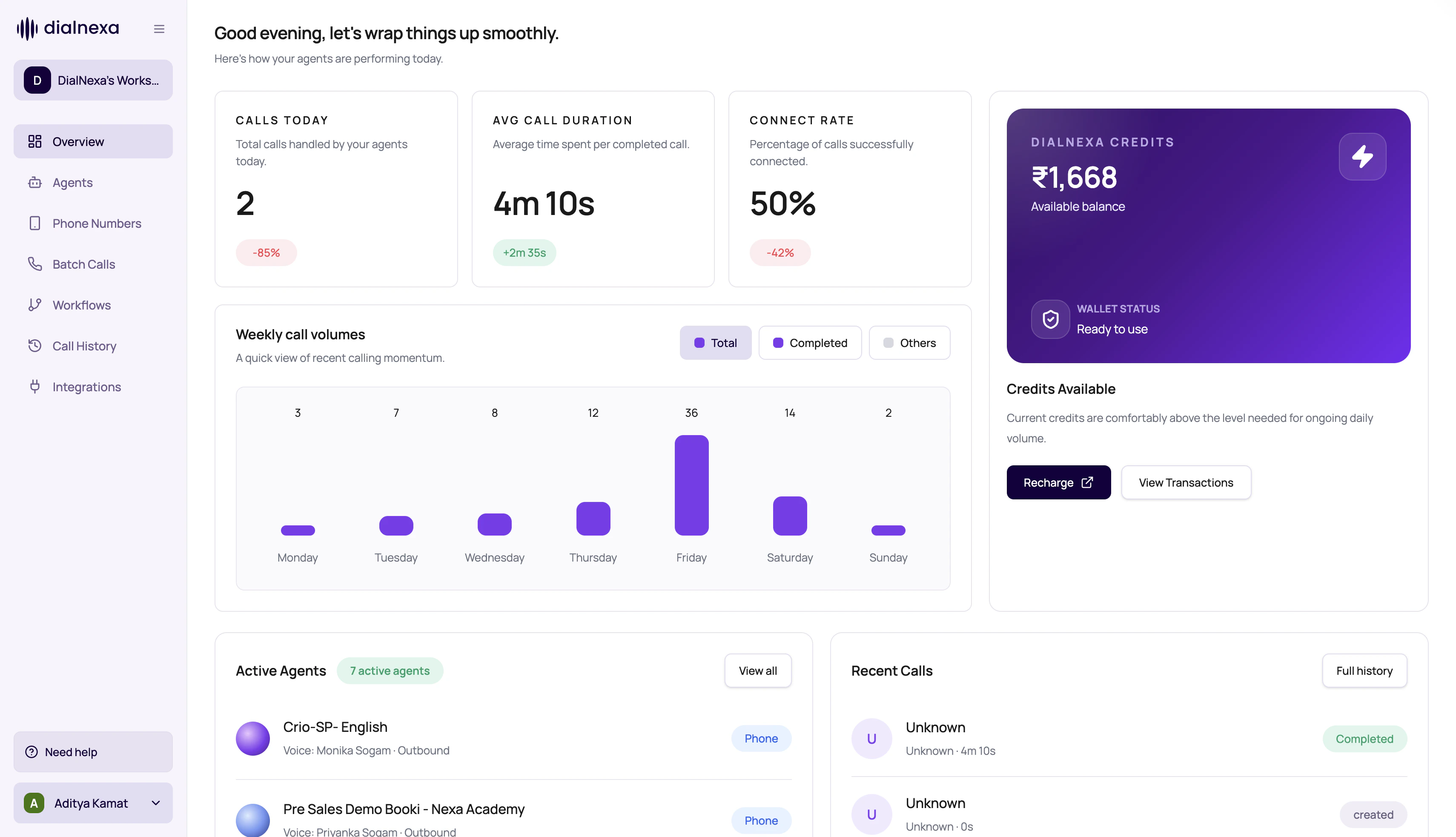 DialNexa Overview page showing recent calls, call metrics, weekly call volume, active agents, and credits.