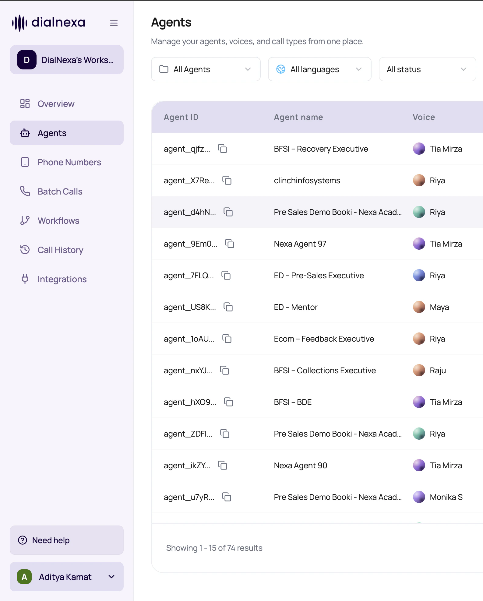 DialNexa left sidebar showing workspace context, dashboard navigation tabs, help access, and profile controls.