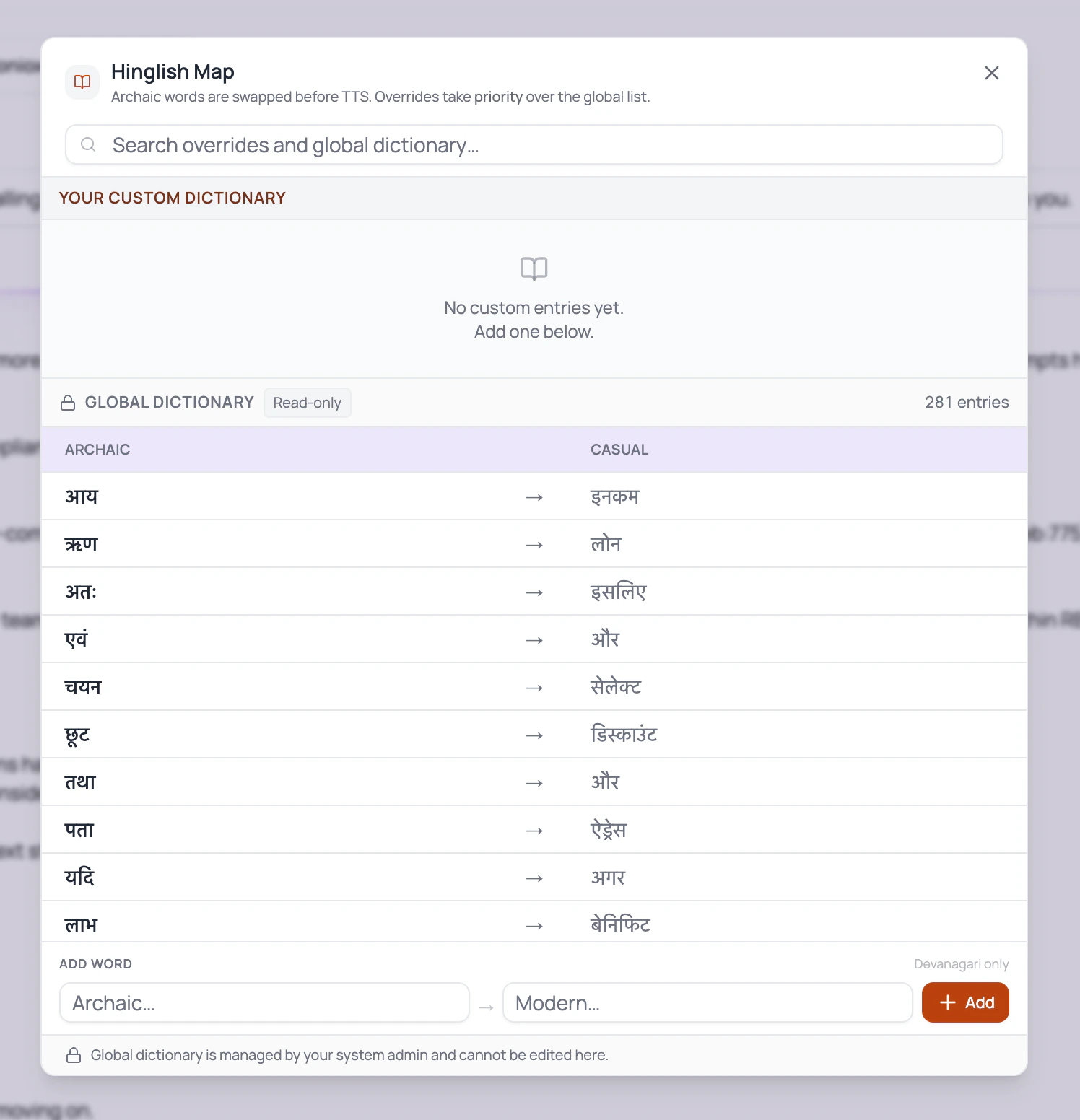 DialNexa Hinglish Map modal showing custom dictionary, global dictionary entries, search, and add word controls.