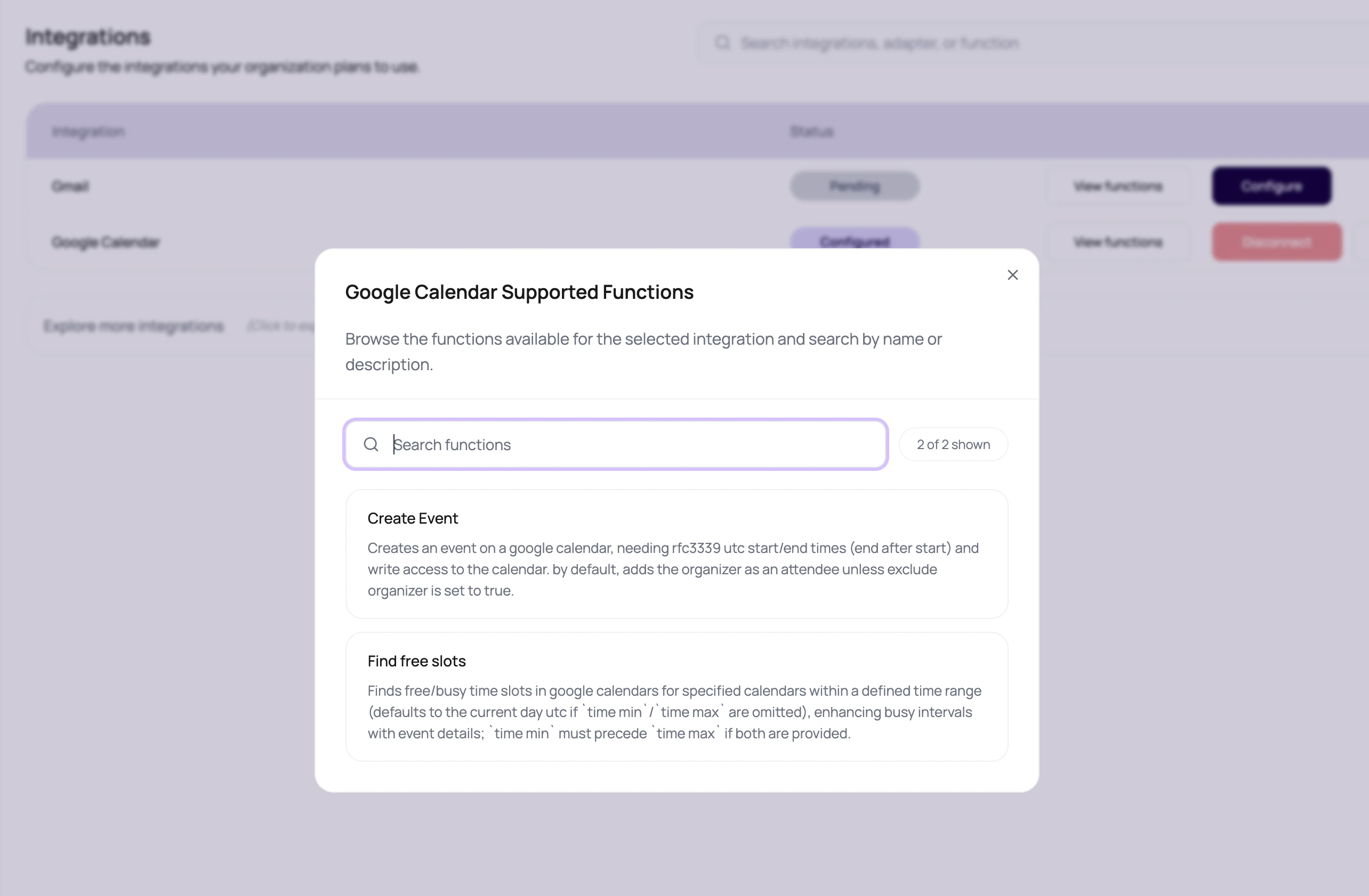 DialNexa Google Calendar Supported Functions modal showing function search and available actions such as Create Event and Find free slots.