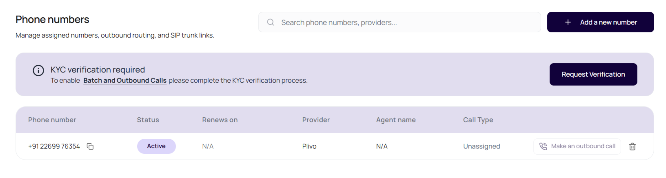 DialNexa Phone Numbers page showing a KYC verification required banner for Batch and Outbound Calls.