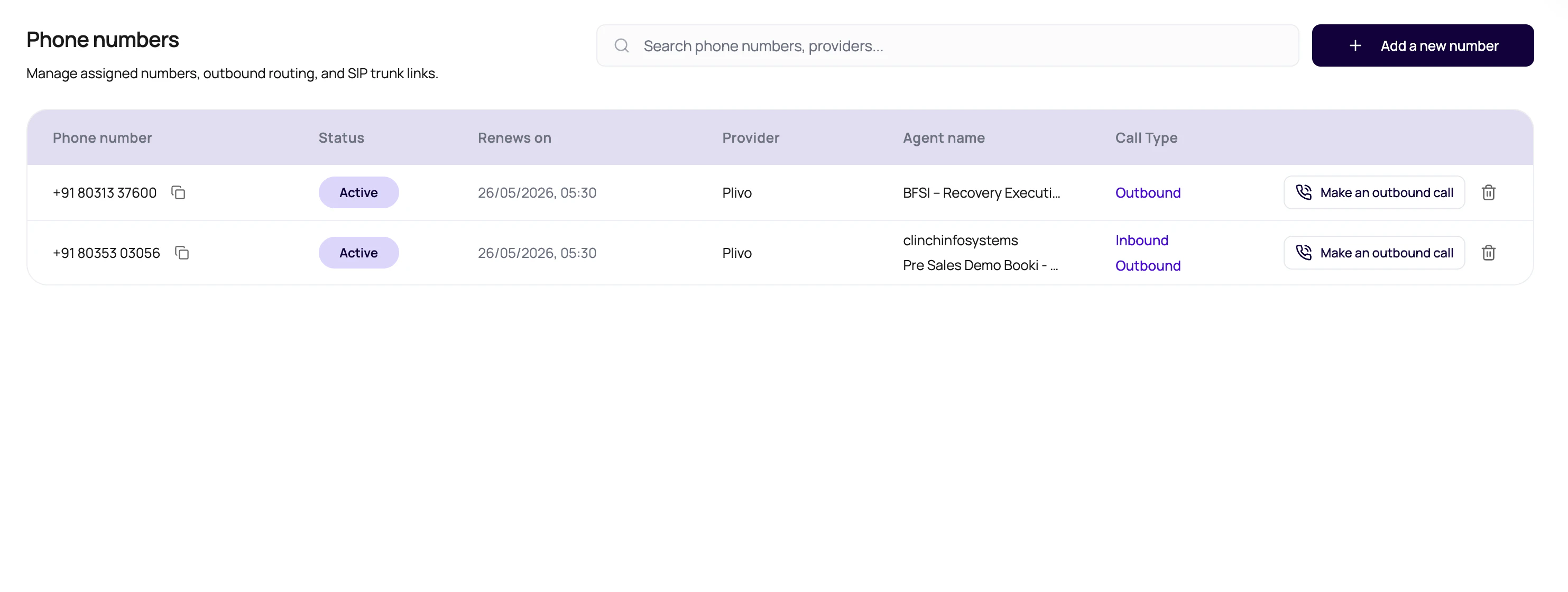 DialNexa Phone Numbers table showing active numbers, provider, assigned agent context, call type, and outbound call action.