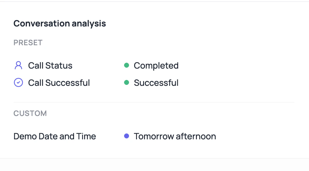 DialNexa Conversation Analysis results showing preset call status, successful call status, and a custom demo date and time field.
