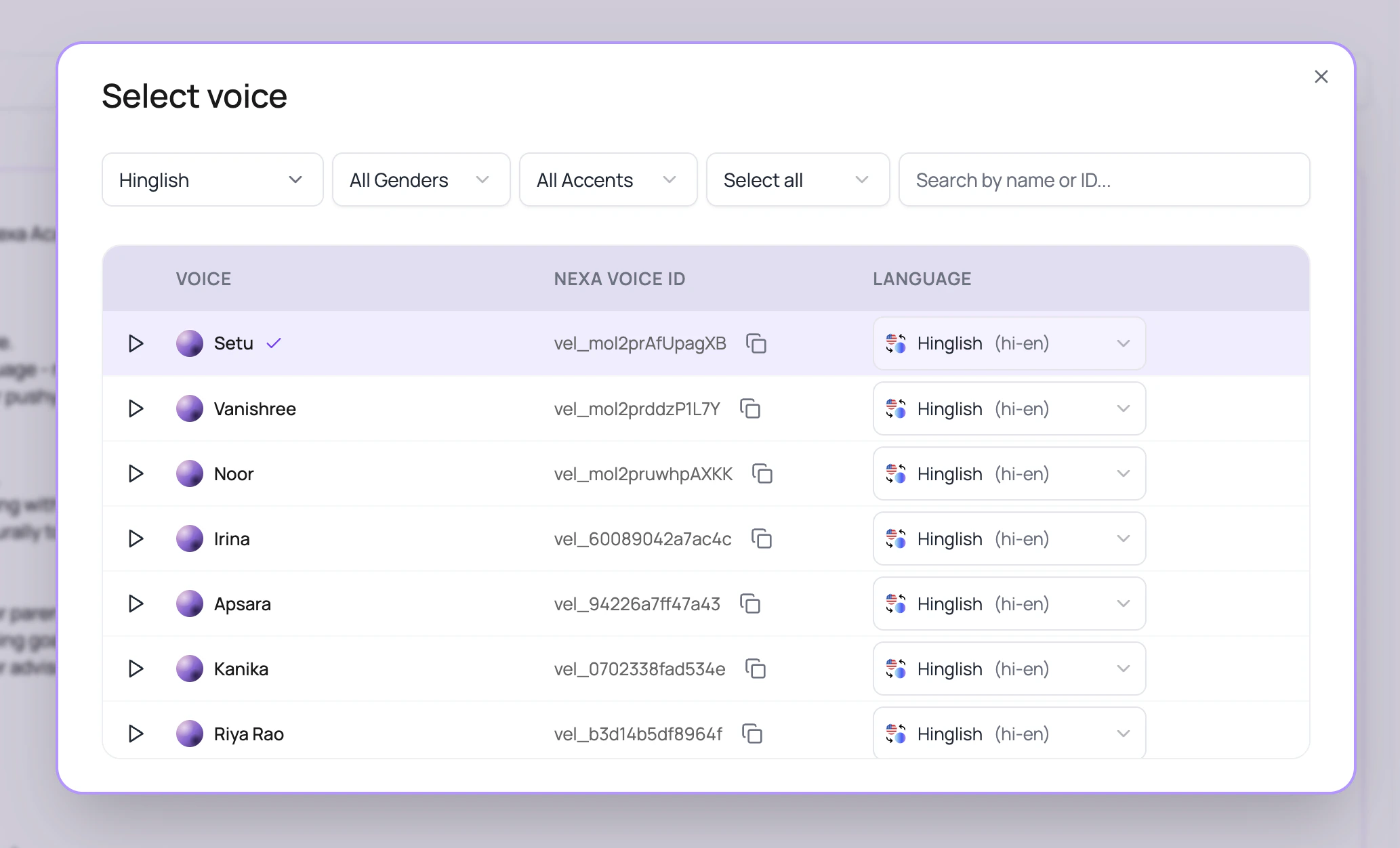 DialNexa voice selector modal showing language, gender, accent, provider, search, voice preview, Nexa voice ID, and per-row language selection.