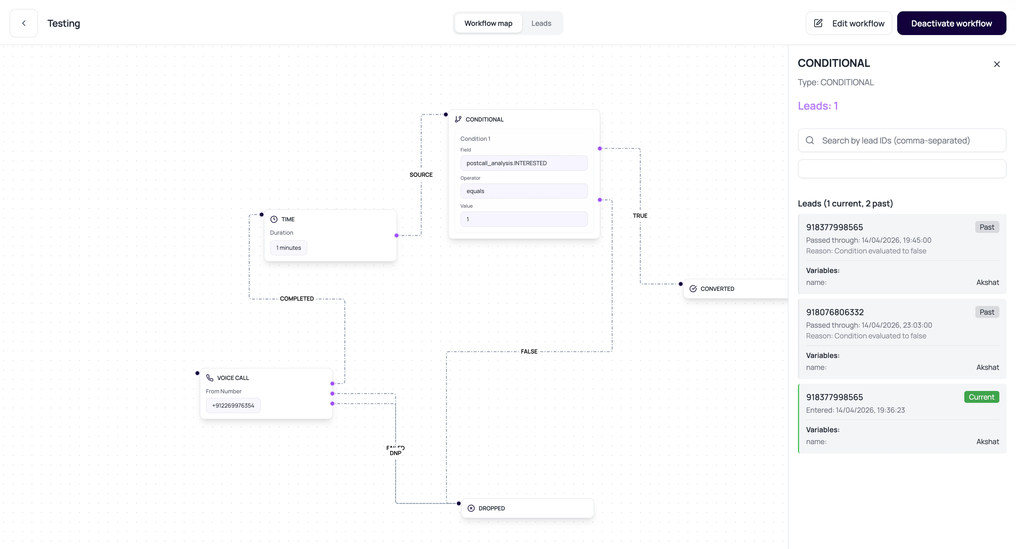 DialNexa workflow map with a Conditional node selected and the lead history panel showing current and past lead evaluations.