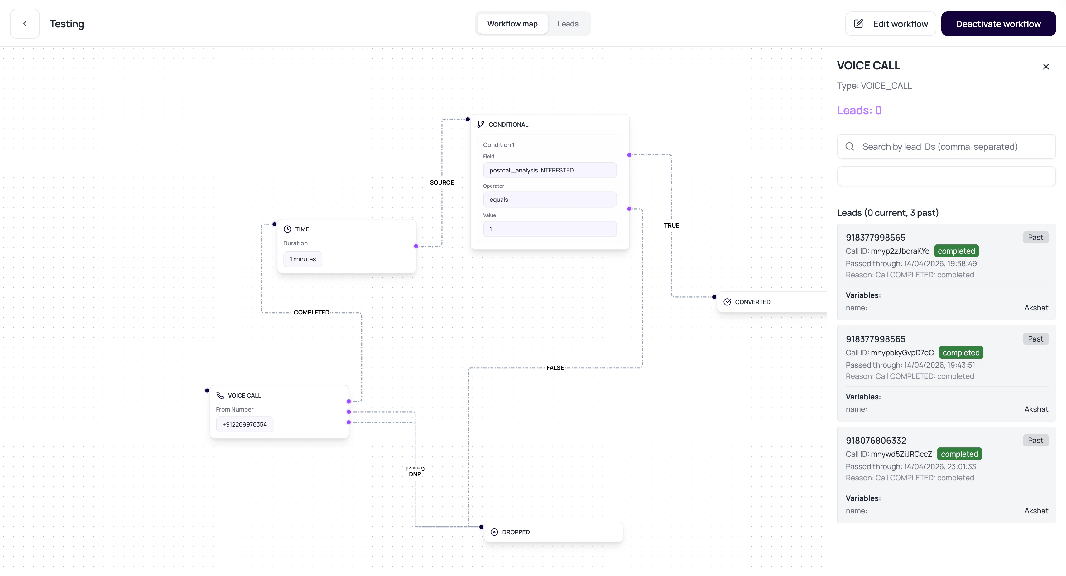 DialNexa workflow map with a Voice Call node selected and the lead history panel showing completed call evidence.