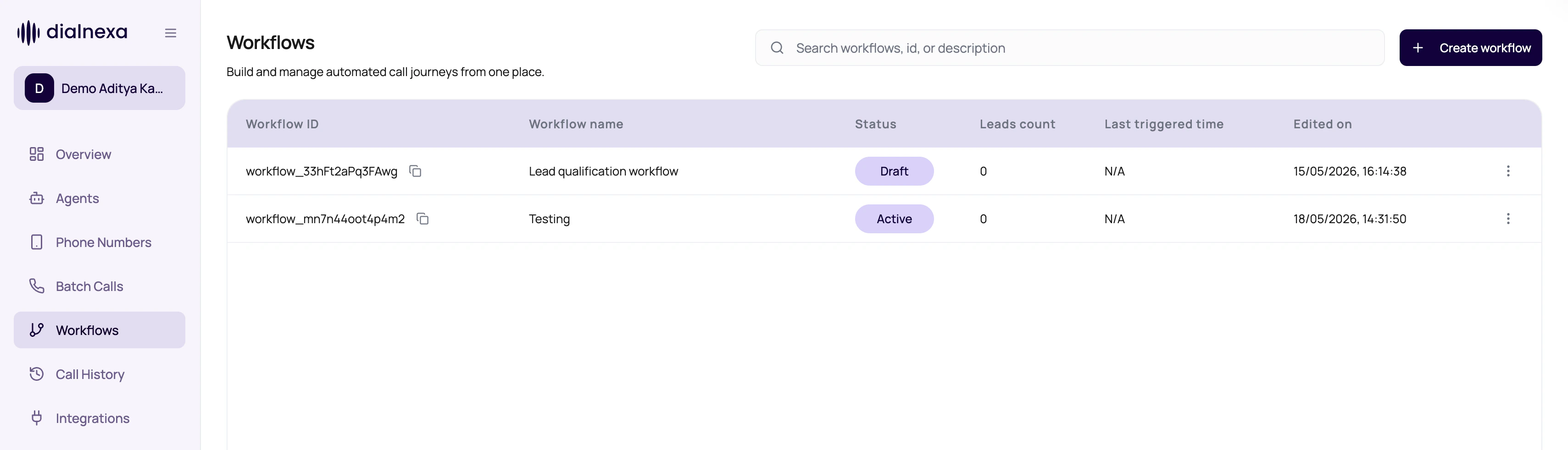 DialNexa Workflows list showing workflow IDs, names, statuses, lead counts, last triggered time, edited time, search, and create workflow action.