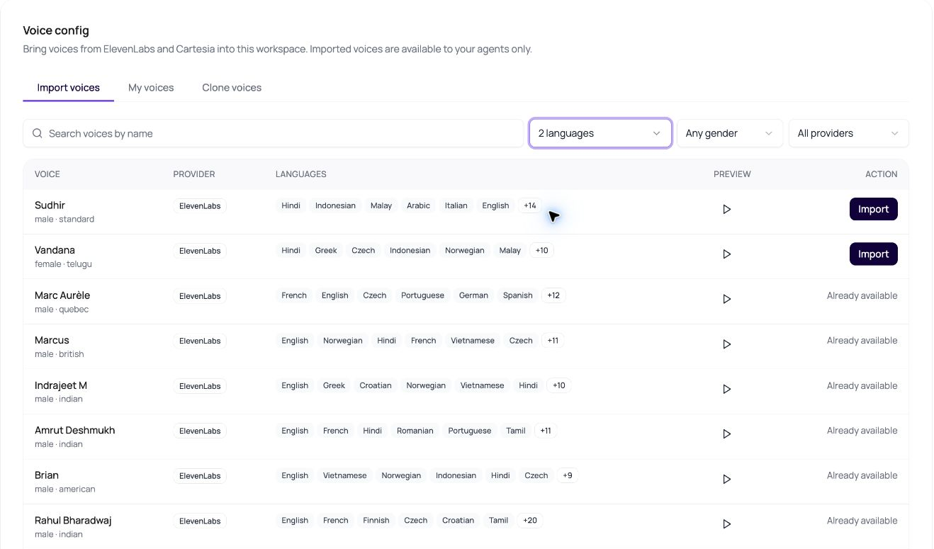 DialNexa Import voices tab showing two selected languages, gender and provider filters, voice previews, Import buttons, and Already available rows.