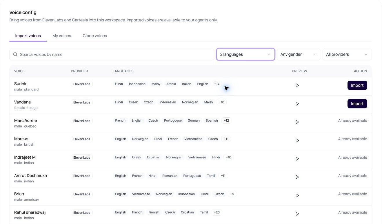 DialNexa Import voices tab showing two selected languages, gender and provider filters, voice previews, Import buttons, and Already available rows.