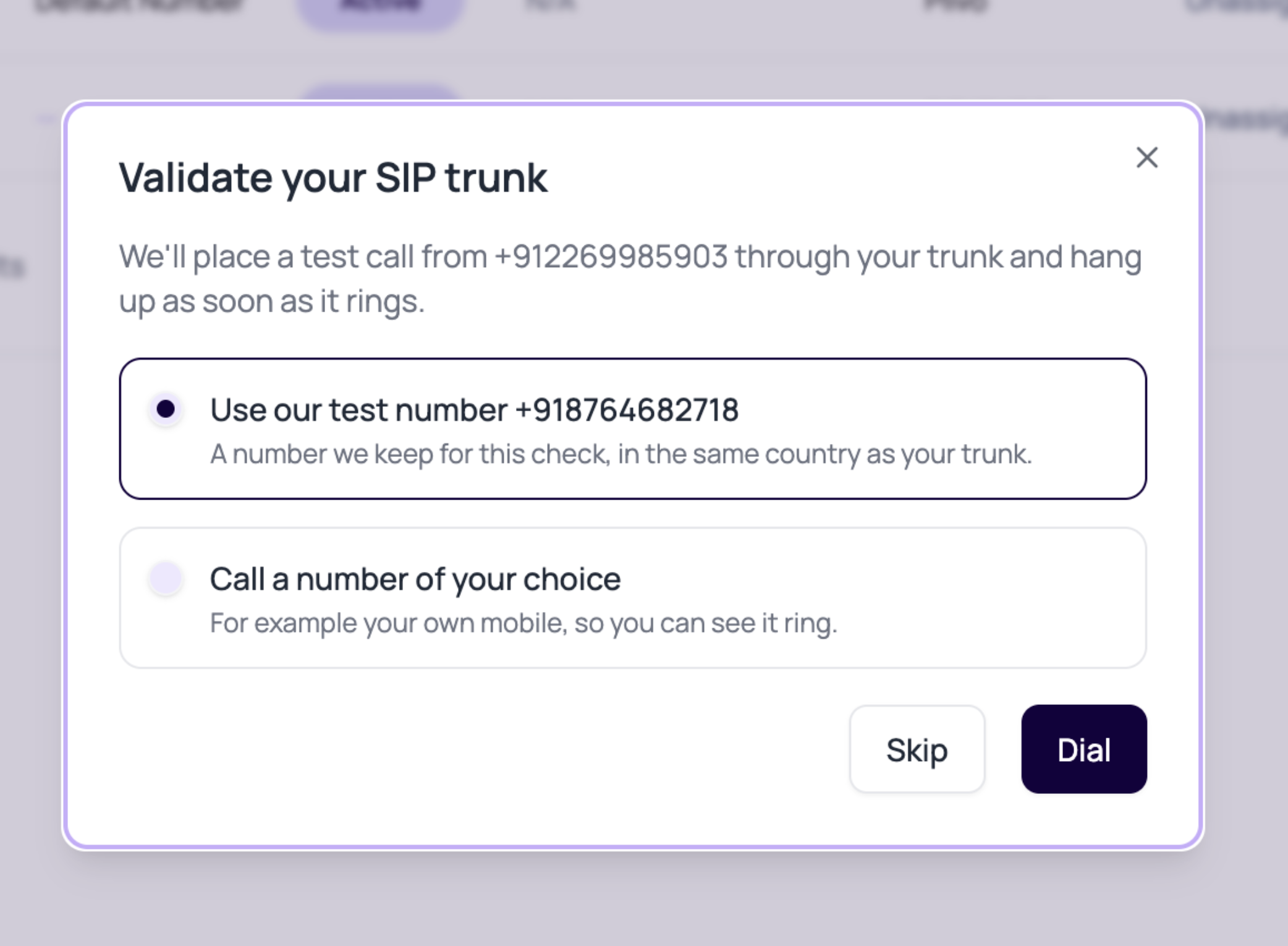 Validate your SIP trunk dialog offering a DialNexa test number or a number of your choice, with Skip and Dial actions.