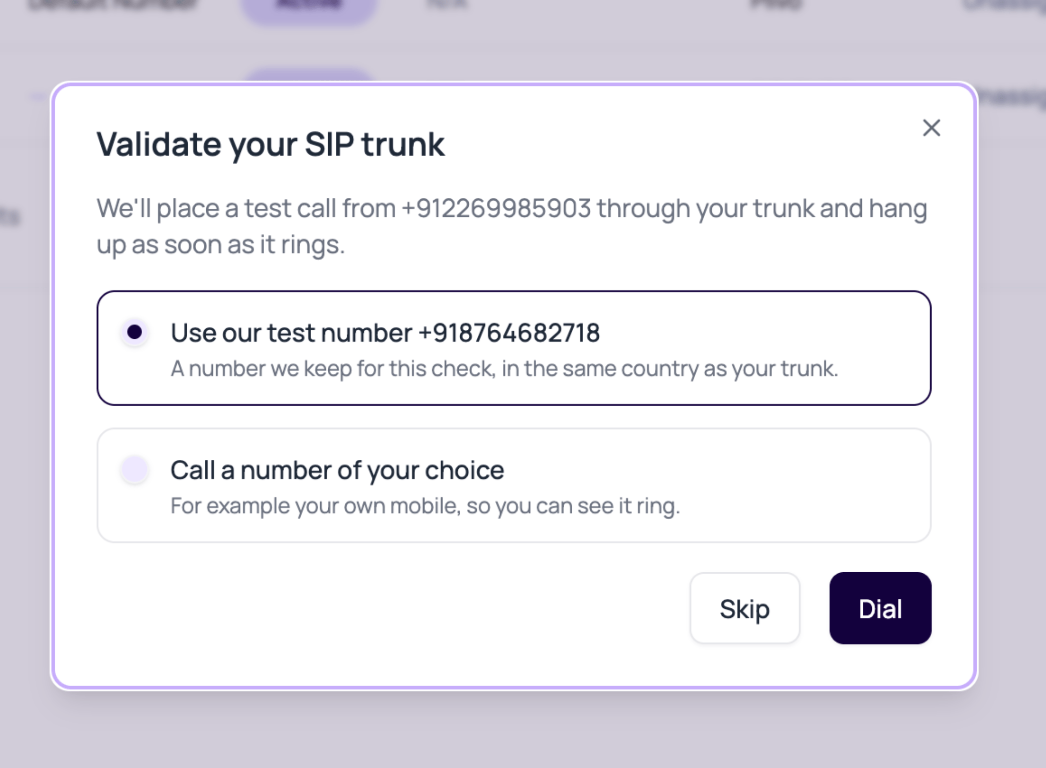 Validate your SIP trunk dialog offering a DialNexa test number or a number of your choice, with Skip and Dial actions.