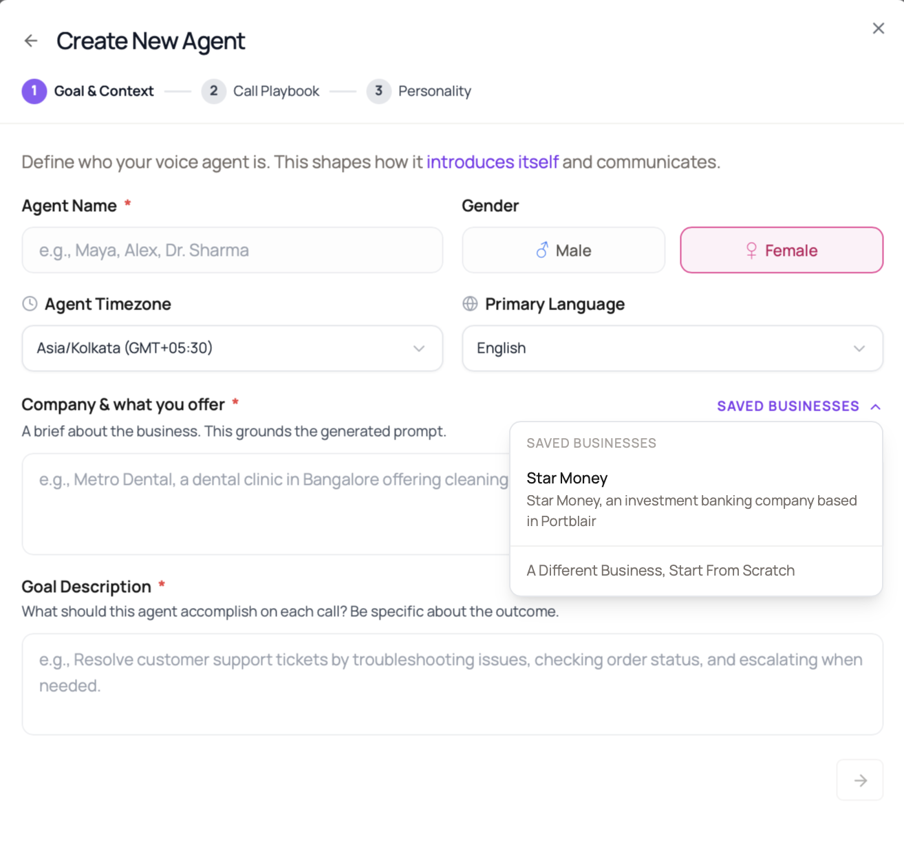 Agent Builder Goal and Context step with Saved Businesses open and the option to start from scratch.