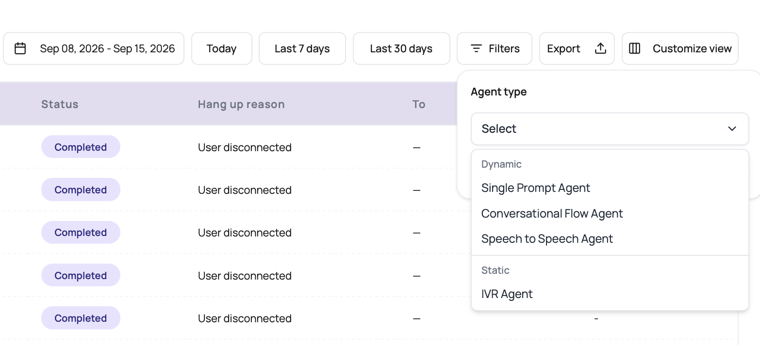 Call History filter showing the agent types used to distinguish dynamic agents from static IVR agents.