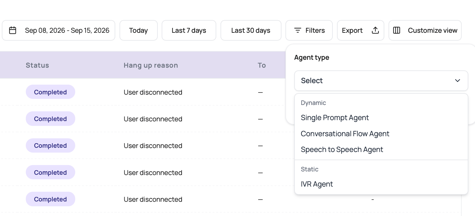 Call History filter showing the agent types used to distinguish dynamic agents from static IVR agents.