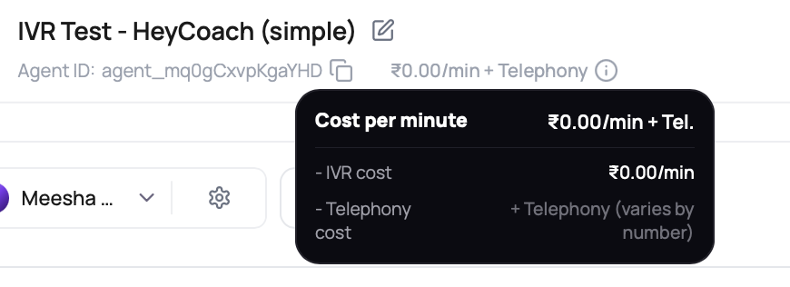 IVR agent pricing tooltip showing separate IVR cost and variable telephony cost per minute.