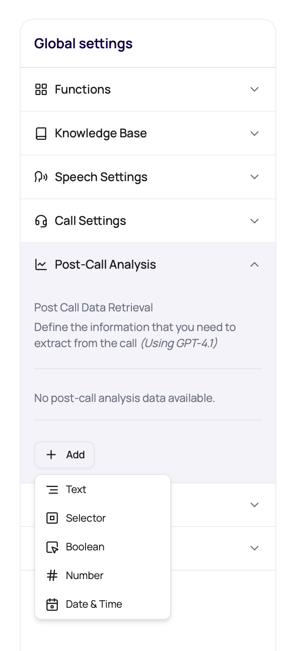 DialNexa Post Call Analysis add menu showing Text, Selector, Boolean, Number, and Date and Time field types.