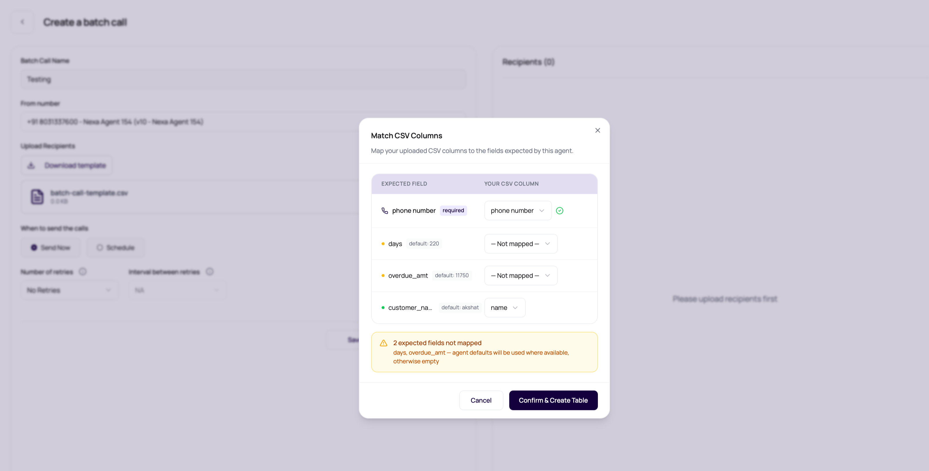 DialNexa Match CSV Columns modal with mapped phone number, defaulted variables, and an unmapped fields warning.
