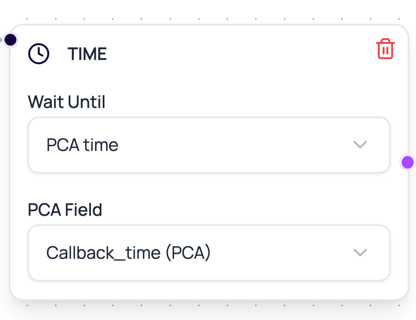 DialNexa workflow Time node configured to wait until a post-call analysis DateTime field named callback_time.
